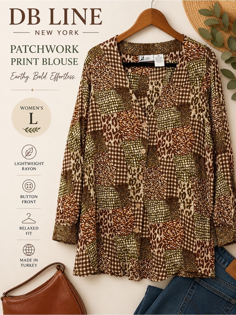 DB Line New York Patchwork Animal Print Button Front Blouse Women’s Large